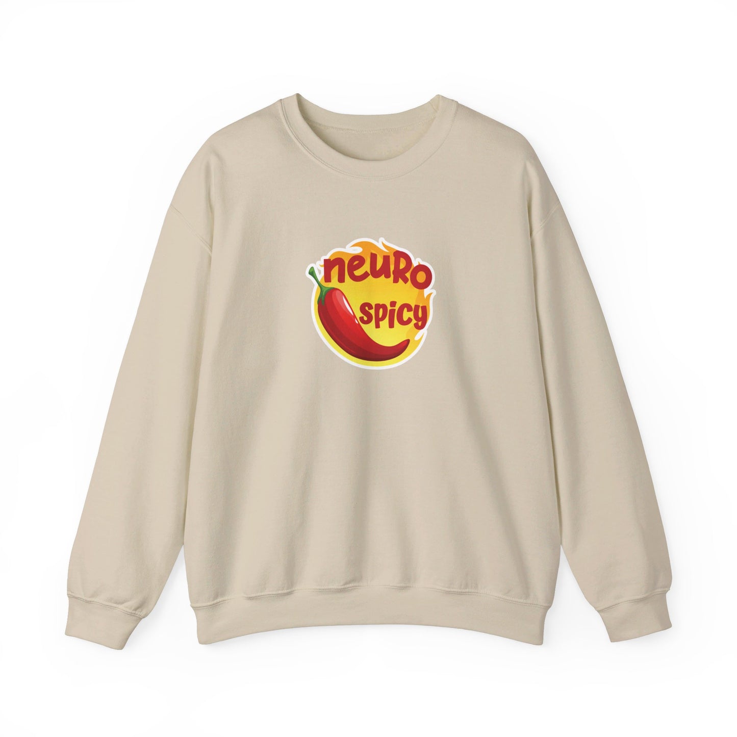 Front view of a beige sweater jumper featuring a red chili pepper graphic with the text "Neuro-Spicy" in bold yellow lettering. Part of the Vivid Divergence Sensory Friendly Unisex Sweater Jumper Range.
