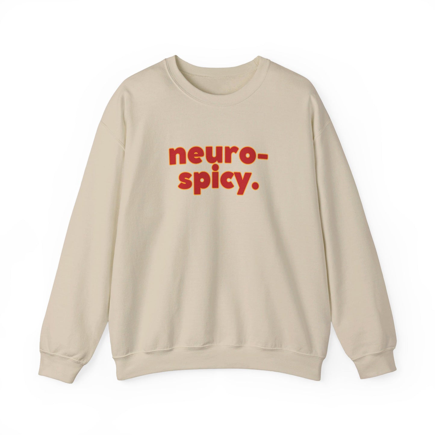 Front view of a beige sweater jumper with the text "neuro-spicy." in bold red lettering. Part of the Vivid Divergence Sensory Friendly Unisex Sweater Jumper Range.
