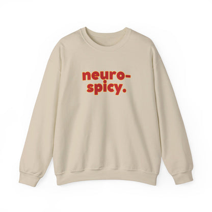 Front view of a beige sweater jumper with the text "neuro-spicy." in bold red lettering. Part of the Vivid Divergence Sensory Friendly Unisex Sweater Jumper Range.
