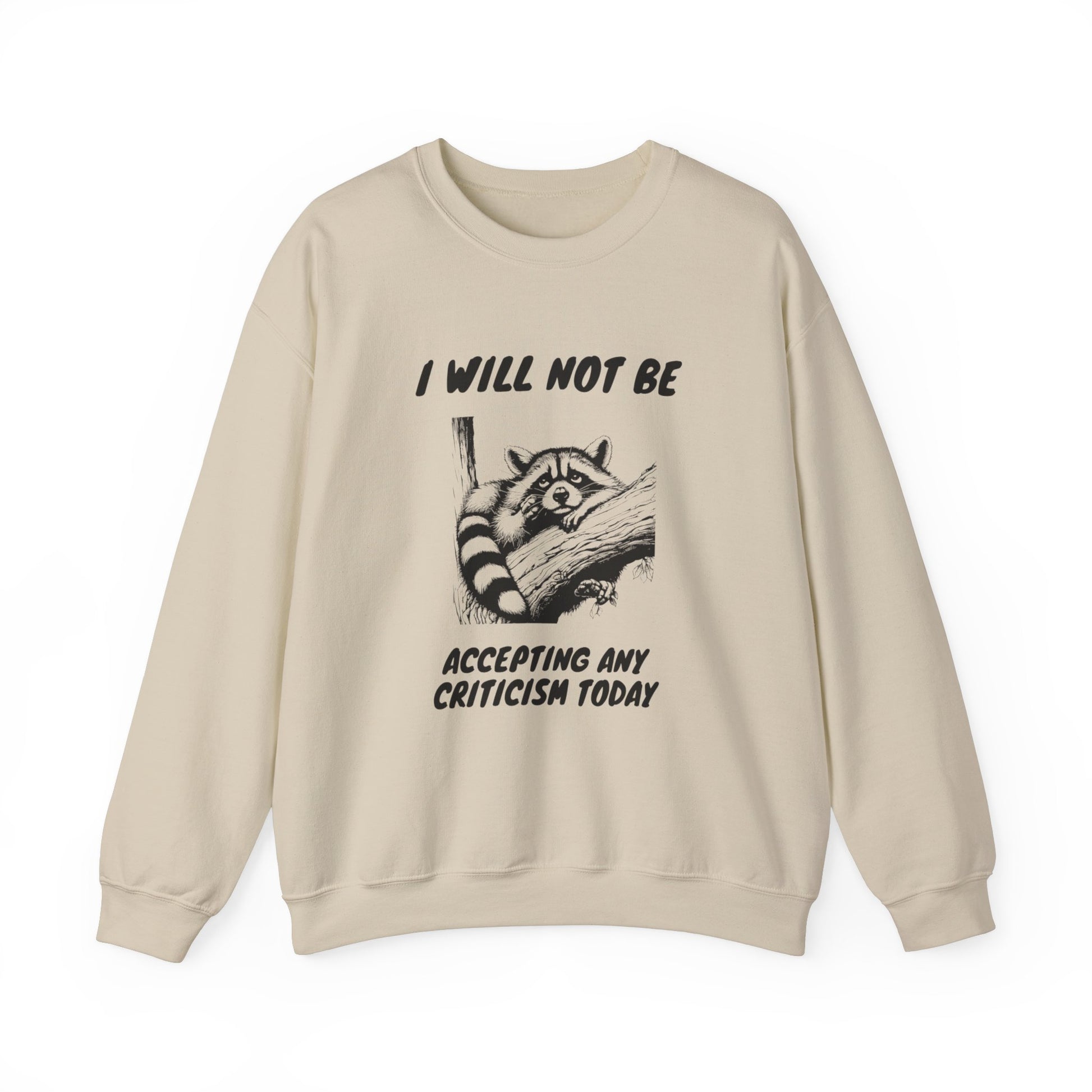 Front view of a beige sweater jumper with the text "I Will Not Be Accepting Any Criticism Today" and a cartoon illustration of a hand with a raised finger. Part of the Vivid Divergence Sensory Friendly Unisex Sweater Jumper Range.