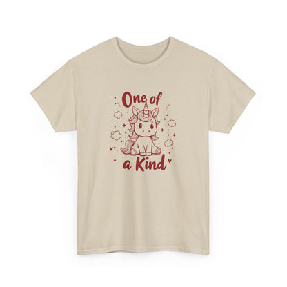 Front view of a beige T-shirt with "One of a Kind" text and a doodle-style unicorn surrounded by hearts and sparkles. Part of the Vivid Divergence Sensory Friendly Unisex Tees Range.