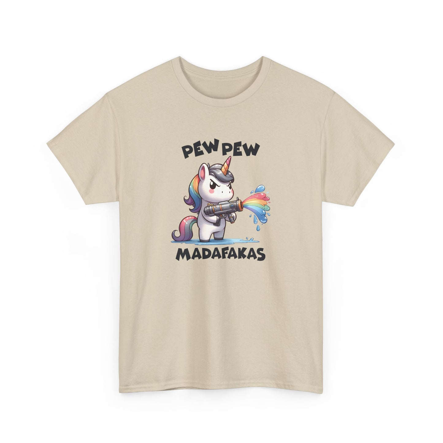 Front view of a beige T-shirt with a "Pew Pew Madafakas" unicorn graphic. Part of the Vivid Divergence Sensory Friendly Unisex Tees Range.