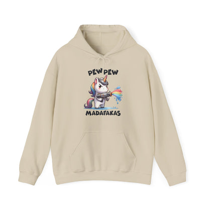 Front view of a beige hoodie featuring the text "Pew Pew Madafakas" and a cartoon illustration of a unicorn holding a rainbow water gun. Part of the Vivid Divergence Sensory Friendly Unisex Hoodie Range.