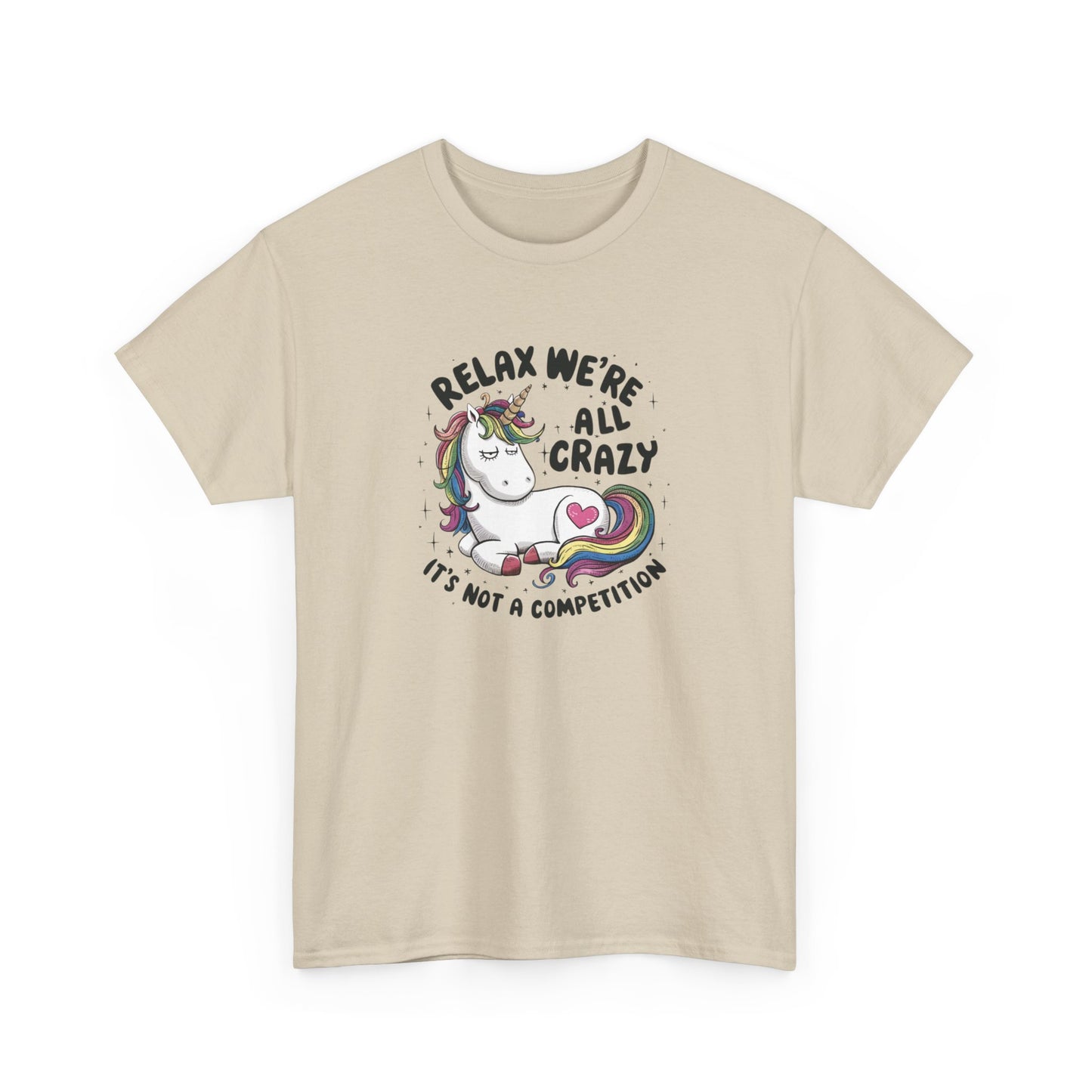 Front view of a beige T-shirt with "Relax, We're All Crazy" and a whimsical cat graphic in black text. Part of the Vivid Divergence Sensory Friendly Unisex Tees Range.