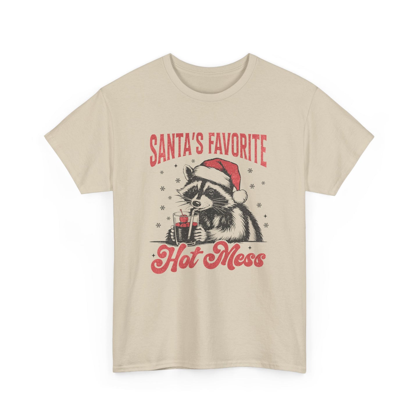 Front view of a beige T-shirt featuring a "Santa's Favorite Hot Mess" design with a festive raccoon wearing a Santa hat. Part of the Vivid Divergence Sensory Friendly Unisex Tees Range.