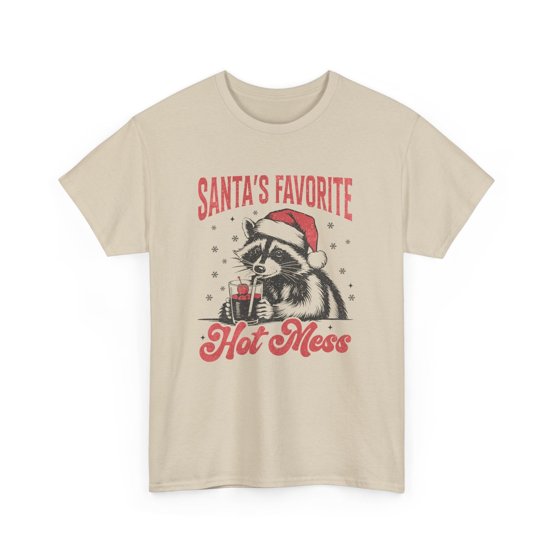 Front view of a beige T-shirt featuring a "Santa's Favorite Hot Mess" design with a festive raccoon wearing a Santa hat. Part of the Vivid Divergence Sensory Friendly Unisex Tees Range.