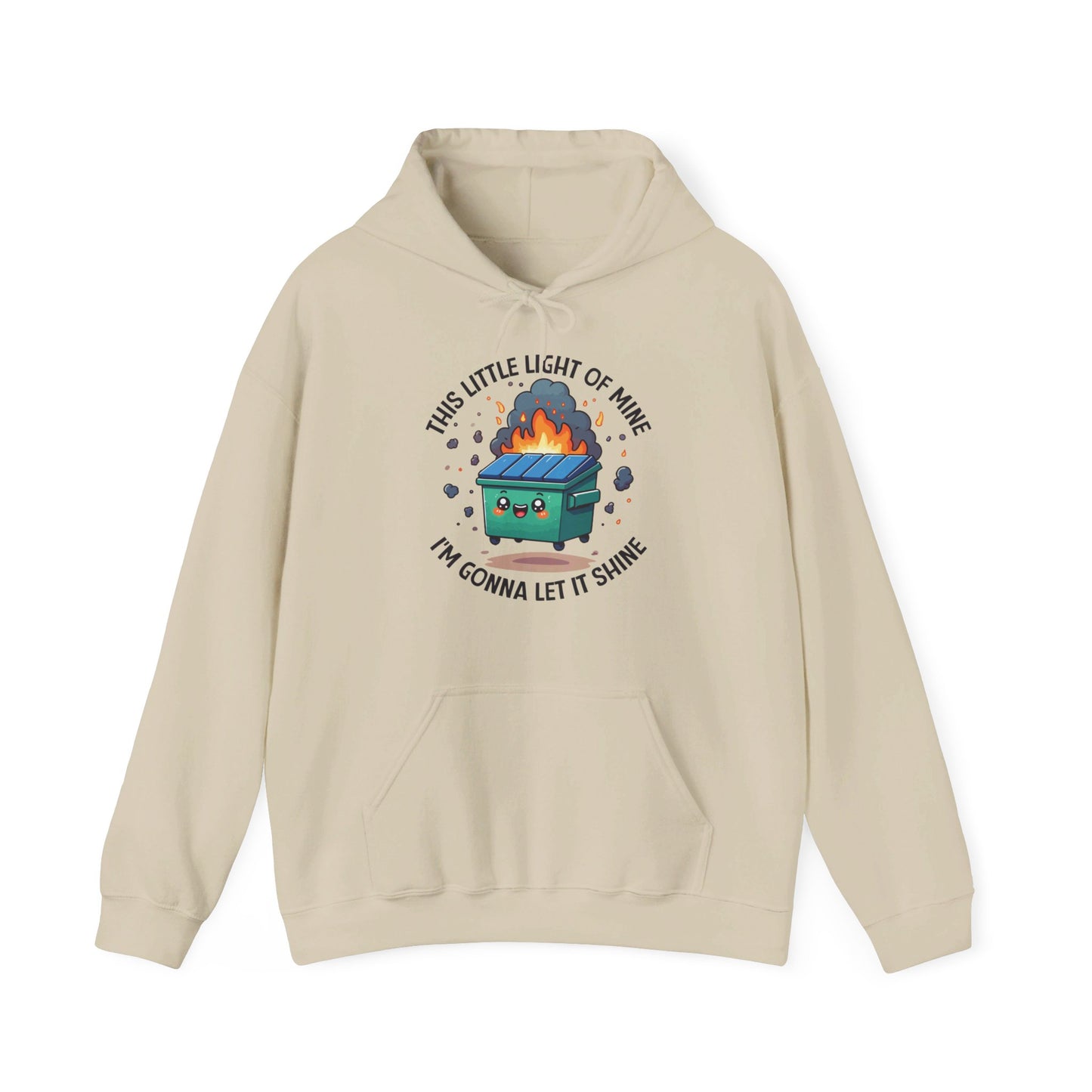 Front view of a beige hoodie featuring the text "This Little Light of Mine, I'm Gonna Let It Shine" and a cartoon illustration of a dumpster fire with glowing flames. Part of the Vivid Divergence Sensory Friendly Unisex Hoodie Range.