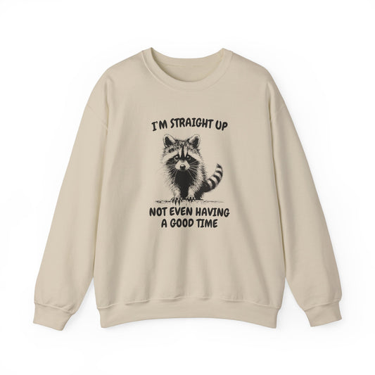 Front view of a beige sweater jumper with the text "I'm Straight Up Not Even Having a Good Time" and a cartoon raccoon illustration. Part of the Vivid Divergence Sensory Friendly Unisex Sweater Jumper Range.