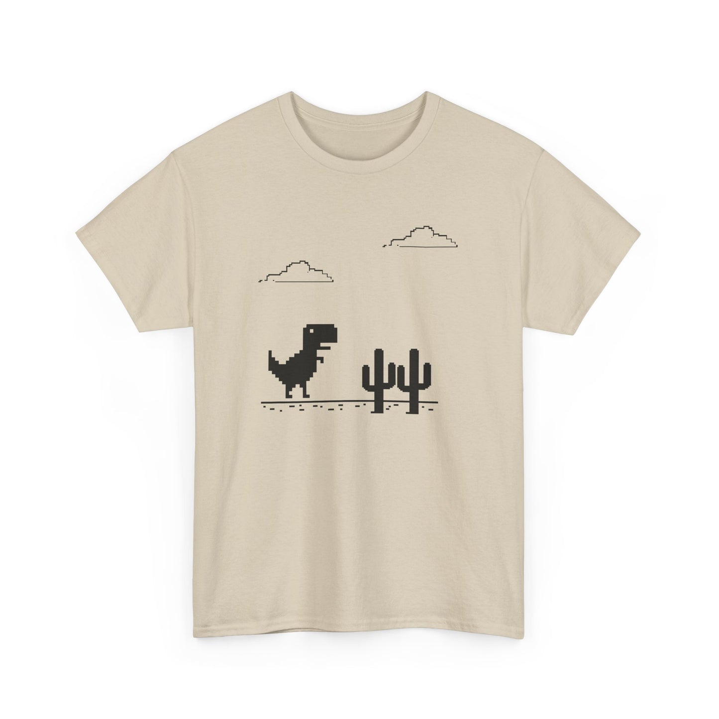 Front view of a beige T-shirt featuring a minimalist pixel-style T-Rex Runner Dinosaur Game design with a T-Rex, cacti, and clouds. Part of the Vivid Divergence Sensory Friendly Unisex Tees Range.