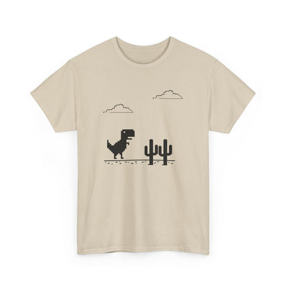 Front view of a beige T-shirt featuring a minimalist pixel-style T-Rex Runner Dinosaur Game design with a T-Rex, cacti, and clouds. Part of the Vivid Divergence Sensory Friendly Unisex Tees Range.