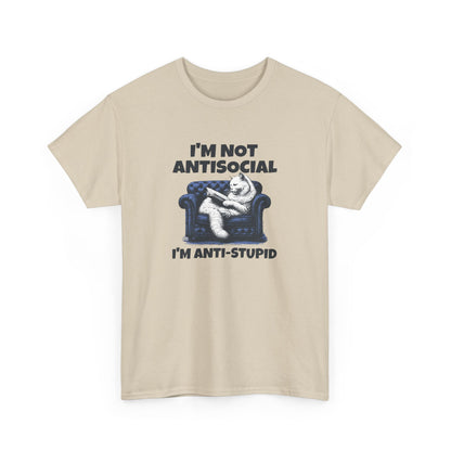 Front view of a beige T-shirt featuring a graphic of a cat on a couch with the text "I'm Not Anti-Social, I'm Anti-Stupid." Part of the Vivid Divergence Sensory Friendly Unisex Tees Range.
