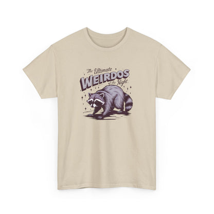 Front view of a beige T-shirt with "Weirdos of the Night" and an illustrated raccoon graphic in bold purple and black text. Part of the Vivid Divergence Sensory Friendly Unisex Tees Range.