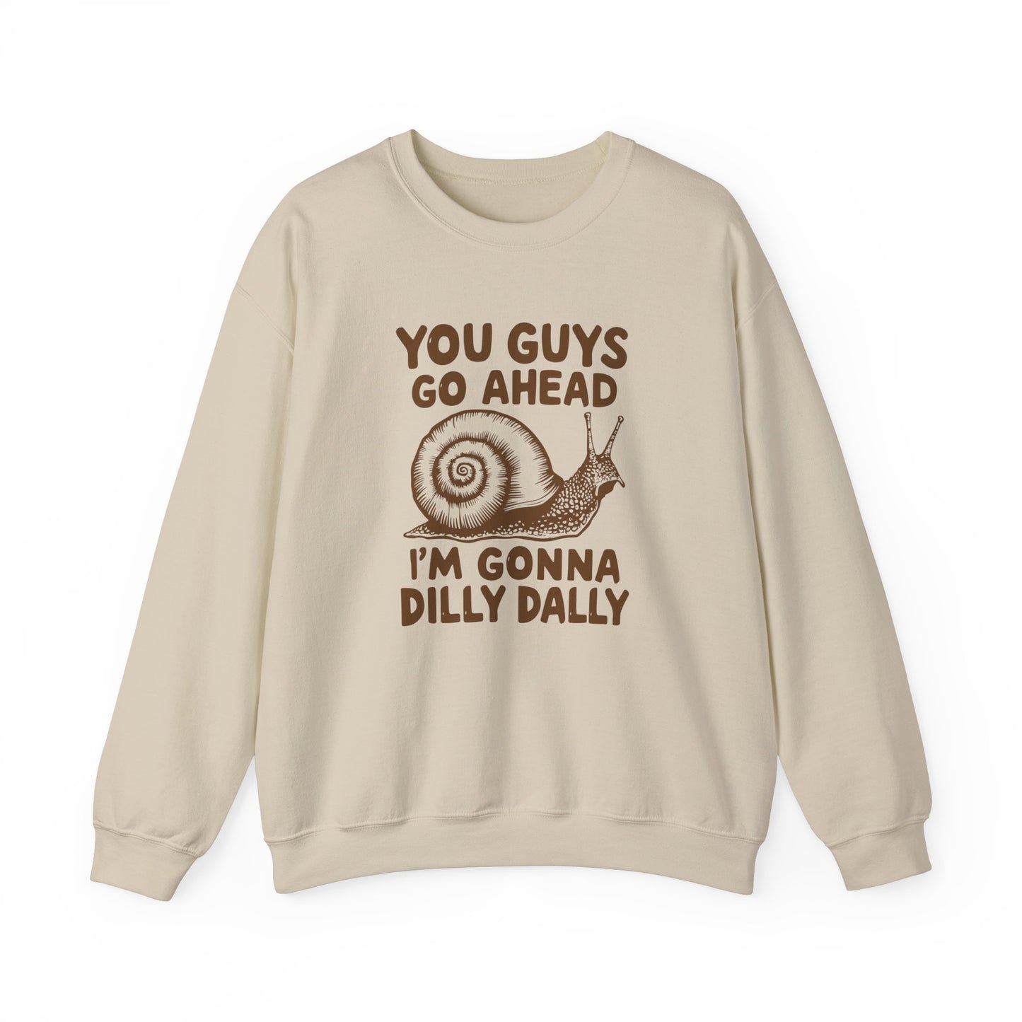 Front view of a beige sweater jumper featuring the text "You Guys Go Ahead, I’m Gonna Dilly Dally" and a cartoon snail illustration. Part of the Vivid Divergence Sensory Friendly Unisex Sweater Jumper Range.