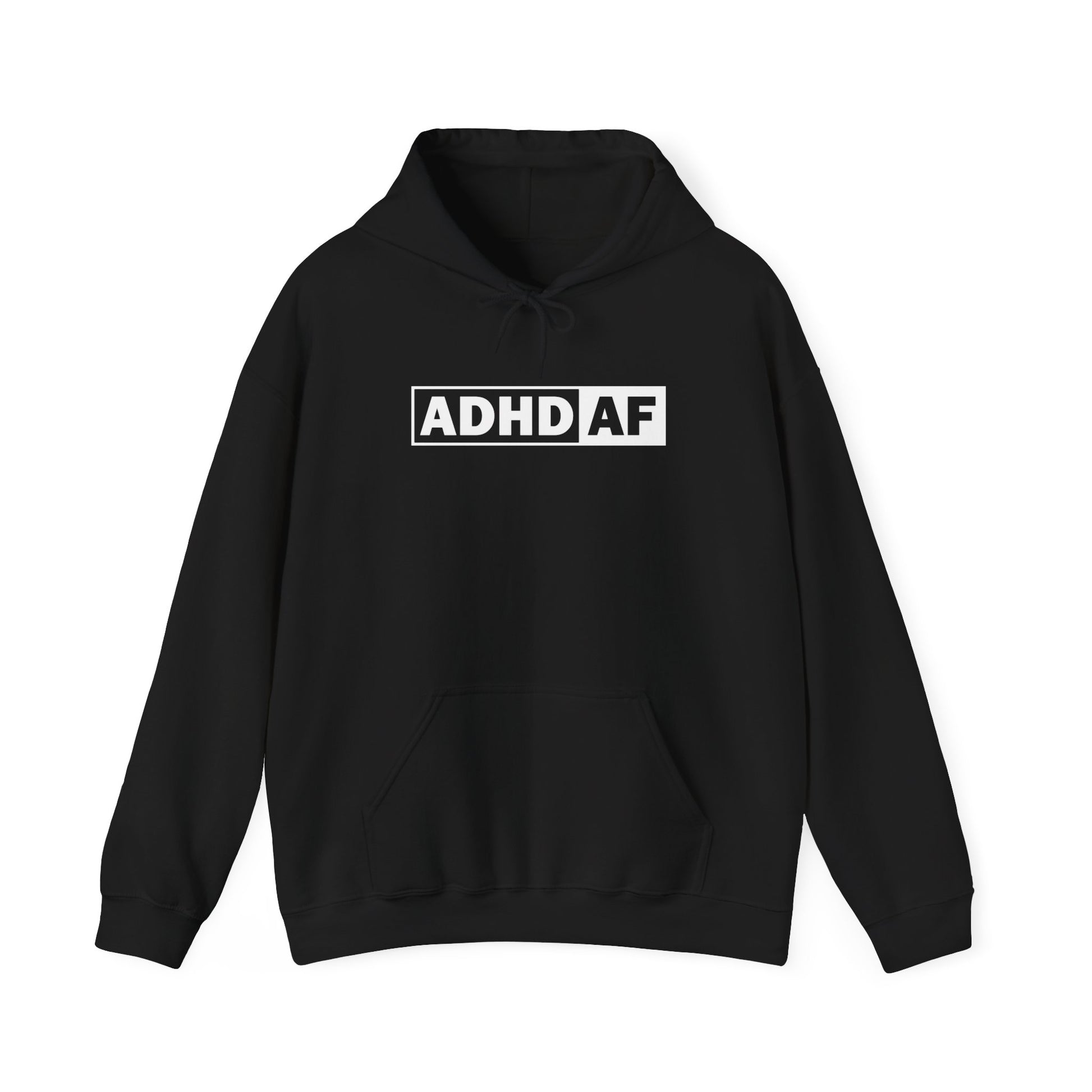 Front view of a black hoodie with the text "ADHD AF" in bold white lettering inside a rectangular border. Part of the Vivid Divergence Sensory Friendly Unisex Hoodie Range.