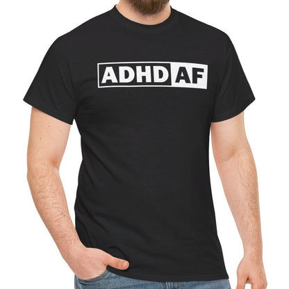 Model wearing a black T-shirt with bold "ADHD AF" text. Part of the Vivid Divergence Sensory Friendly Unisex Tees Range.