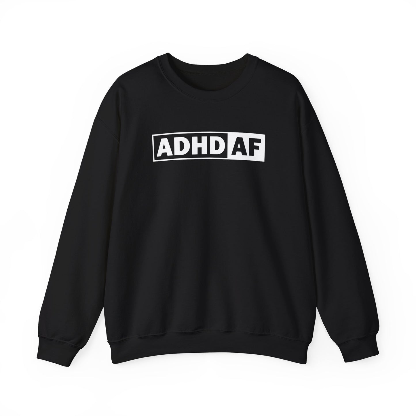 Flat-lay of a black sweater jumper with "ADHD AF" text in bold white lettering. Part of the Vivid Divergence Sensory Friendly Unisex Sweater Jumper Range.
