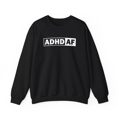 Flat-lay of a black sweater jumper with "ADHD AF" text in bold white lettering. Part of the Vivid Divergence Sensory Friendly Unisex Sweater Jumper Range.
