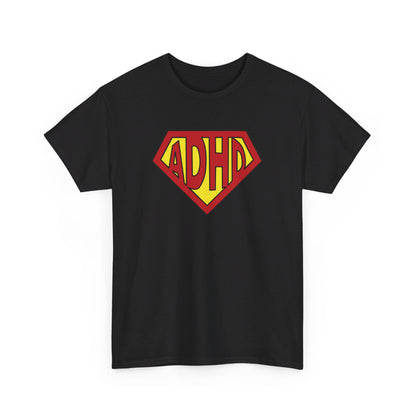 Front view of a black T-shirt with a yellow and red ADHD logo styled in the Superman symbol. Part of the Vivid Divergence Sensory Friendly Unisex Tees Range.