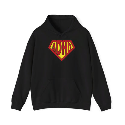 nt view of a black hoodie featuring the text "ADHD" inside a Superman-style red and yellow shield design. Part of the Vivid Divergence Sensory Friendly Unisex Hoodie Range.