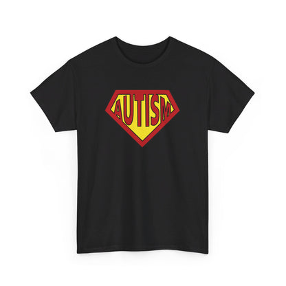 Front view of a black Autism Superpower T-shirt with a Superman-inspired logo. Part of the Vivid Divergence Sensory Friendly Unisex Tees Range.