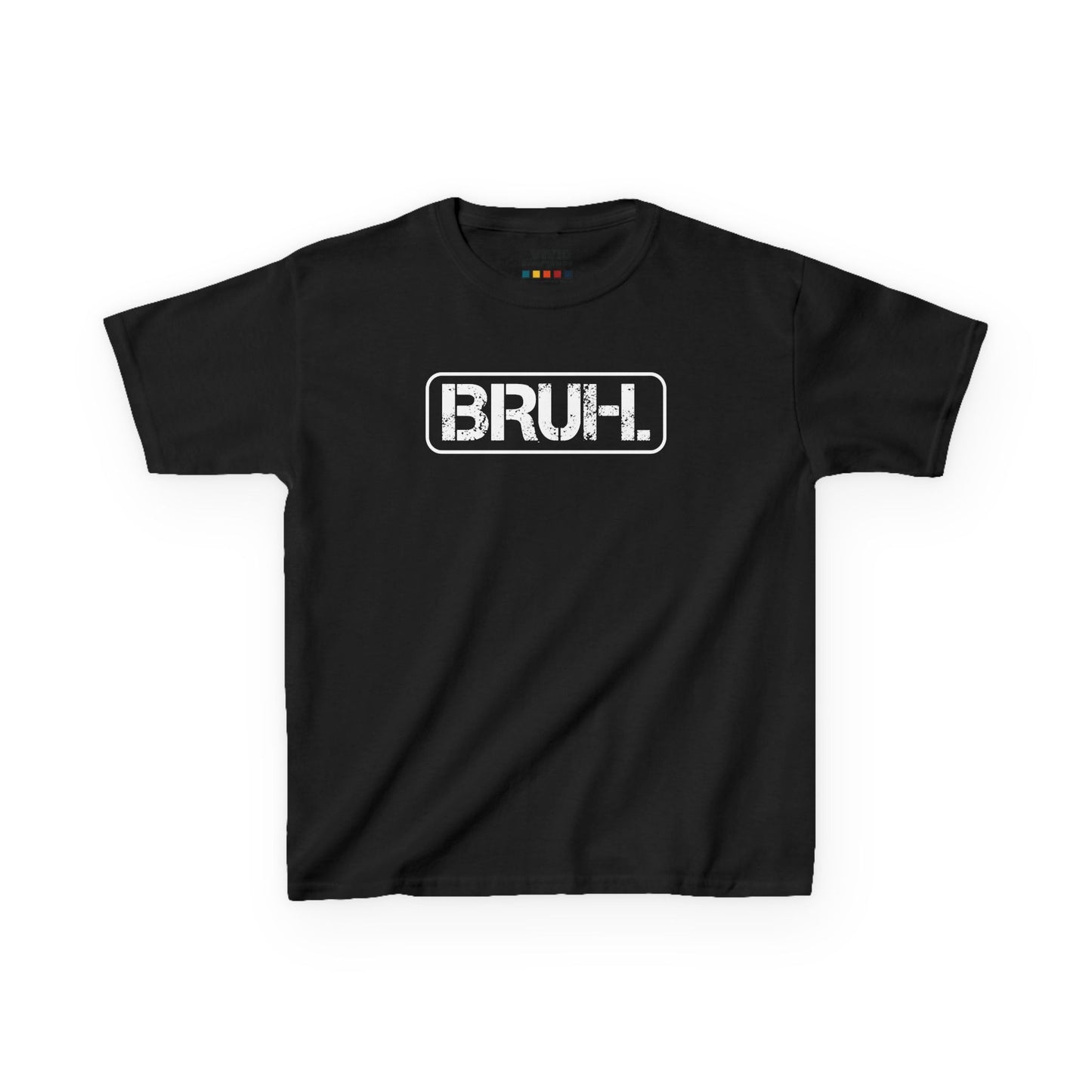 Front view of a black "Bruh" meme kids T-shirt featuring bold white text in a rectangular box. Part of the Vivid Divergence Sensory Friendly Kids Shirts Range. The perfect T-shirt for sensory-sensitive kids and comes with a Sensory Satisfaction Promise.