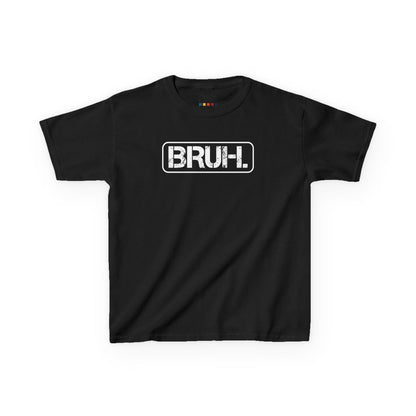 Front view of a black "Bruh" meme kids T-shirt featuring bold white text in a rectangular box. Part of the Vivid Divergence Sensory Friendly Kids Shirts Range. The perfect T-shirt for sensory-sensitive kids and comes with a Sensory Satisfaction Promise.