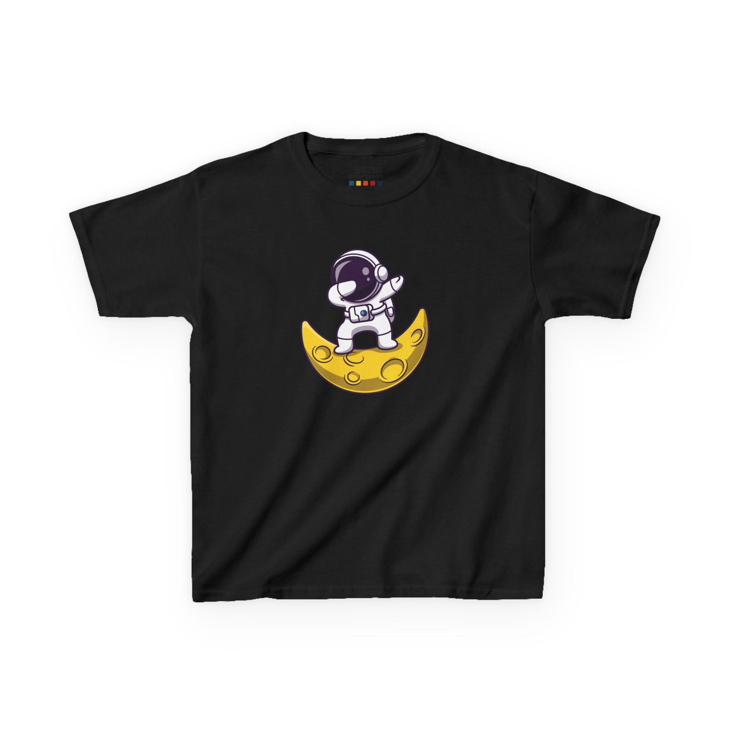 Front view of a black "Dabbing Astronaut on the Moon" kids T-shirt featuring an astronaut dabbing while sitting on a crescent moon. Part of the Vivid Divergence Sensory Friendly Kids Shirts Range. The perfect T-shirt for sensory-sensitive kids and comes with a Sensory Satisfaction Promise.