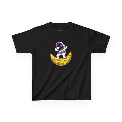 Front view of a black "Dabbing Astronaut on the Moon" kids T-shirt featuring an astronaut dabbing while sitting on a crescent moon. Part of the Vivid Divergence Sensory Friendly Kids Shirts Range. The perfect T-shirt for sensory-sensitive kids and comes with a Sensory Satisfaction Promise.