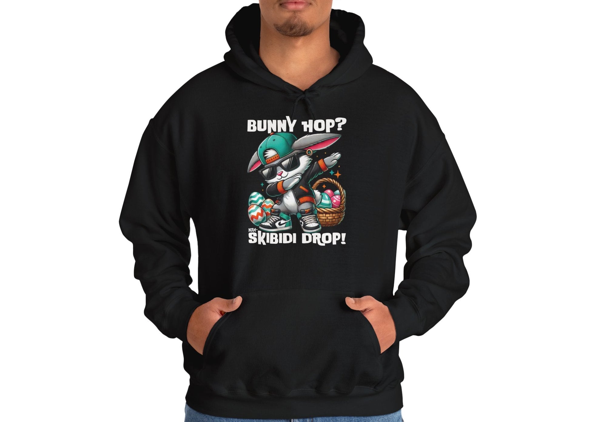 Man wearing black hoodie featuring Easter Dabbing Bunny and Skibidi Drop graphic. Part of the Vivid Divergence Sensory Friendly Unisex Hoodies Range.
