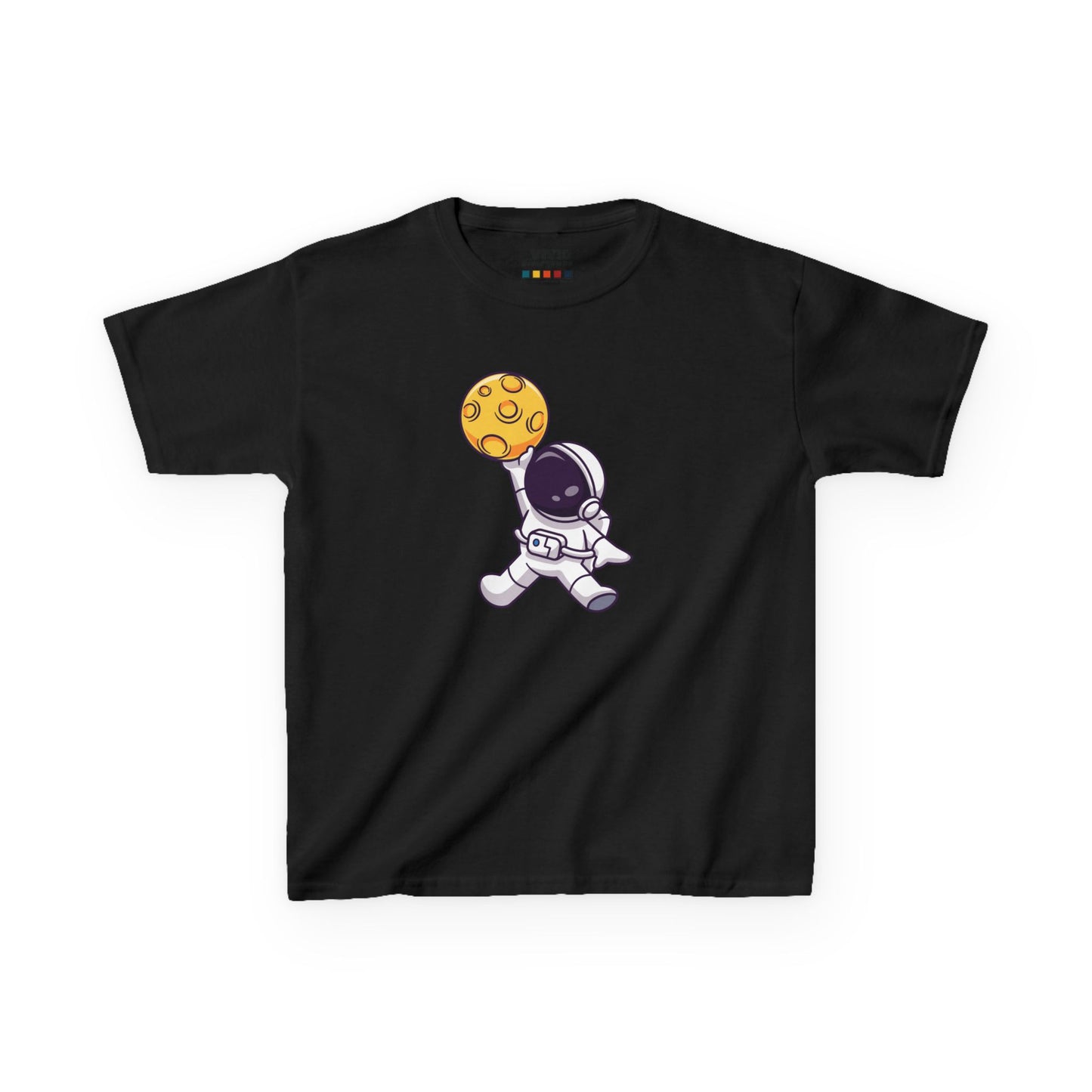 Front view of a black "Dunking Astronaut" space basketball kids T-shirt featuring an astronaut dunking a basketball designed as a planet. Part of the Vivid Divergence Sensory Friendly Kids Shirts Range. The perfect T-shirt for sensory-sensitive kids and comes with a Sensory Satisfaction Promise.