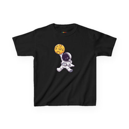 Front view of a black "Dunking Astronaut" space basketball kids T-shirt featuring an astronaut dunking a basketball designed as a planet. Part of the Vivid Divergence Sensory Friendly Kids Shirts Range. The perfect T-shirt for sensory-sensitive kids and comes with a Sensory Satisfaction Promise.