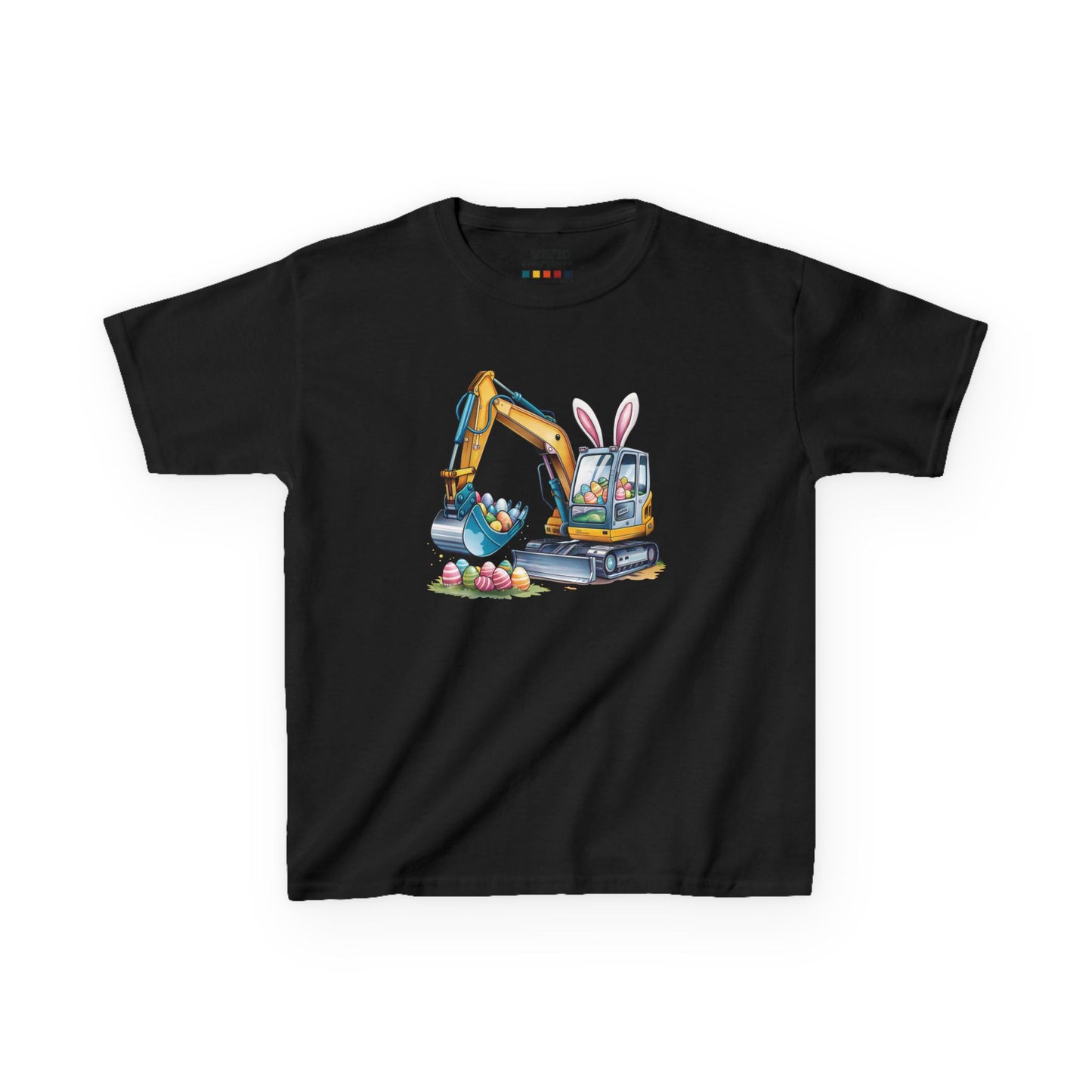Black kids' T-shirt showcasing a construction excavator lifting Easter eggs, a unique and festive design. Hop into the season in style and shop Easter shirts online today!