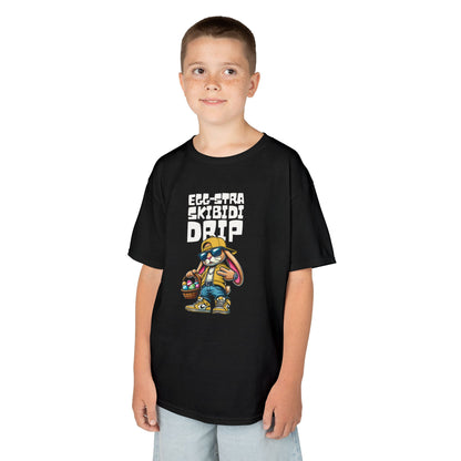 Child wearing a black Easter T-shirt with a stylish Skibidi bunny and "Egg-Stra Skibidi Drip" text, a cool holiday look. Hop into the season in style and shop Easter shirts online today!