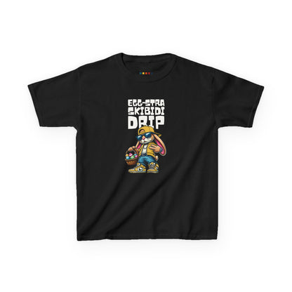 Black kids' T-shirt featuring a cool Skibidi bunny with "Egg-Stra Skibidi Drip" text, ideal for fans of viral trends. Hop into the season in style and shop Easter shirts online today!