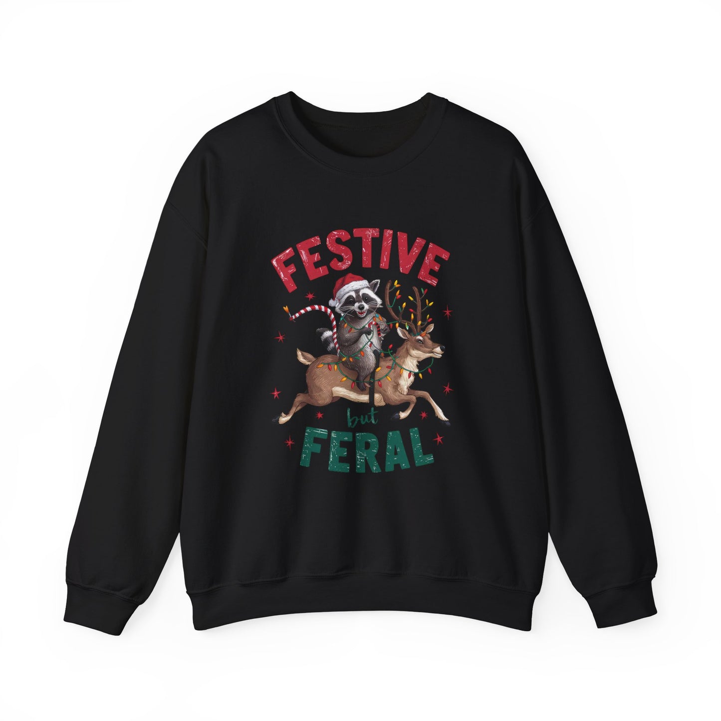 Front view of a black sweatshirt featuring a festive illustration of a raccoon (trash panda) holding Christmas lights and the text "Festive but Feral." Part of the Vivid Divergence Sensory Friendly Unisex Sweater Jumper Range.