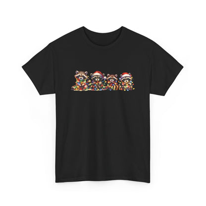 Front view of a black T-shirt featuring a festive illustration of raccoons in Christmas attire causing holiday chaos. Part of the Vivid Divergence Sensory Friendly Unisex Tees Range.