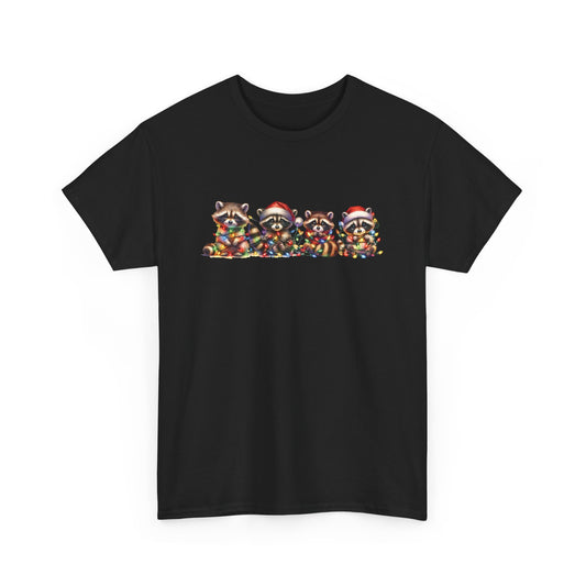 Front view of a black T-shirt featuring a festive illustration of raccoons in Christmas attire causing holiday chaos. Part of the Vivid Divergence Sensory Friendly Unisex Tees Range.