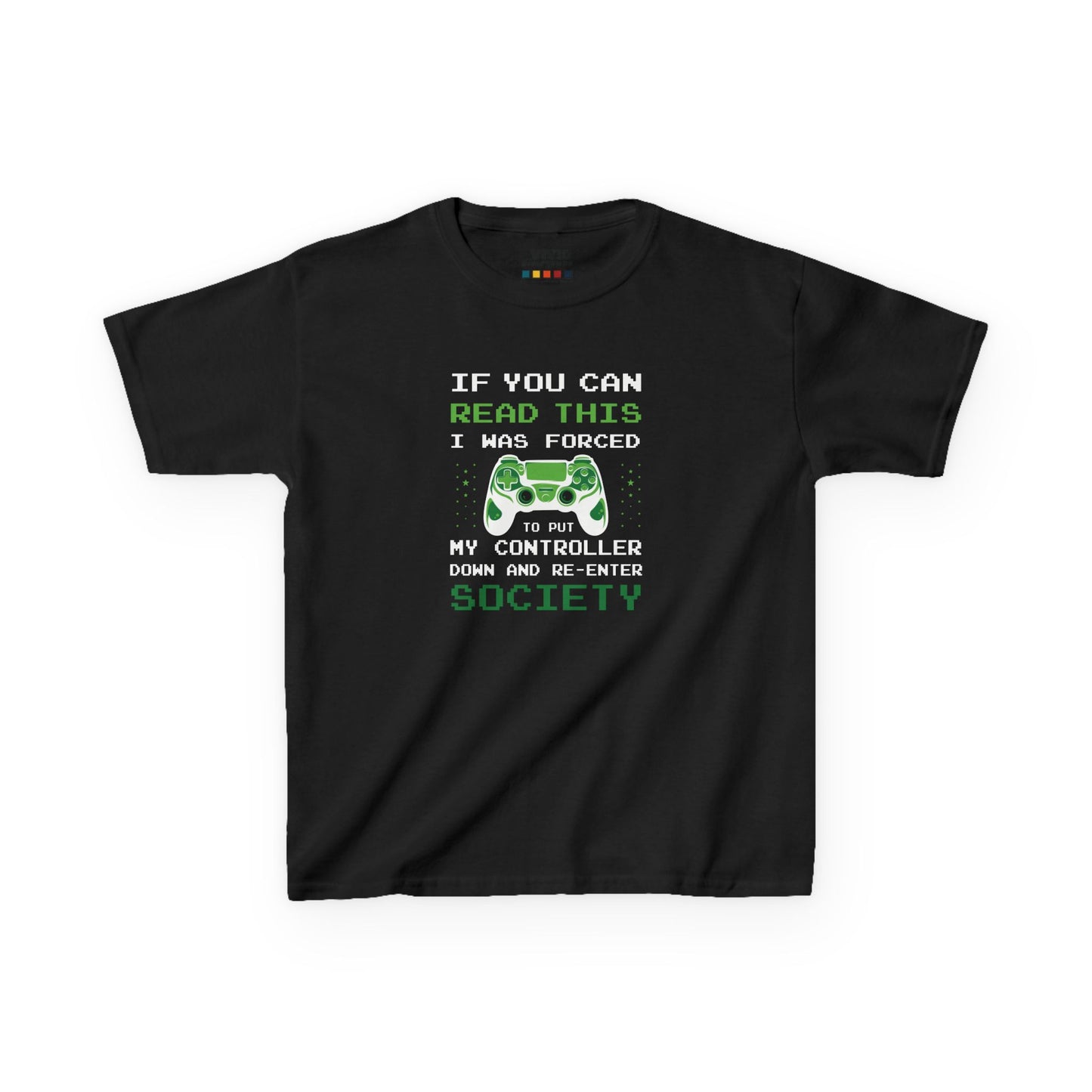 Front view of a black "Forced to Put My Controller Down" kids T-shirt featuring a green game controller graphic and humorous text. Part of the Vivid Divergence Sensory Friendly Kids Shirts Range. The perfect T-shirt for sensory-sensitive kids and comes with a Sensory Satisfaction Promise.