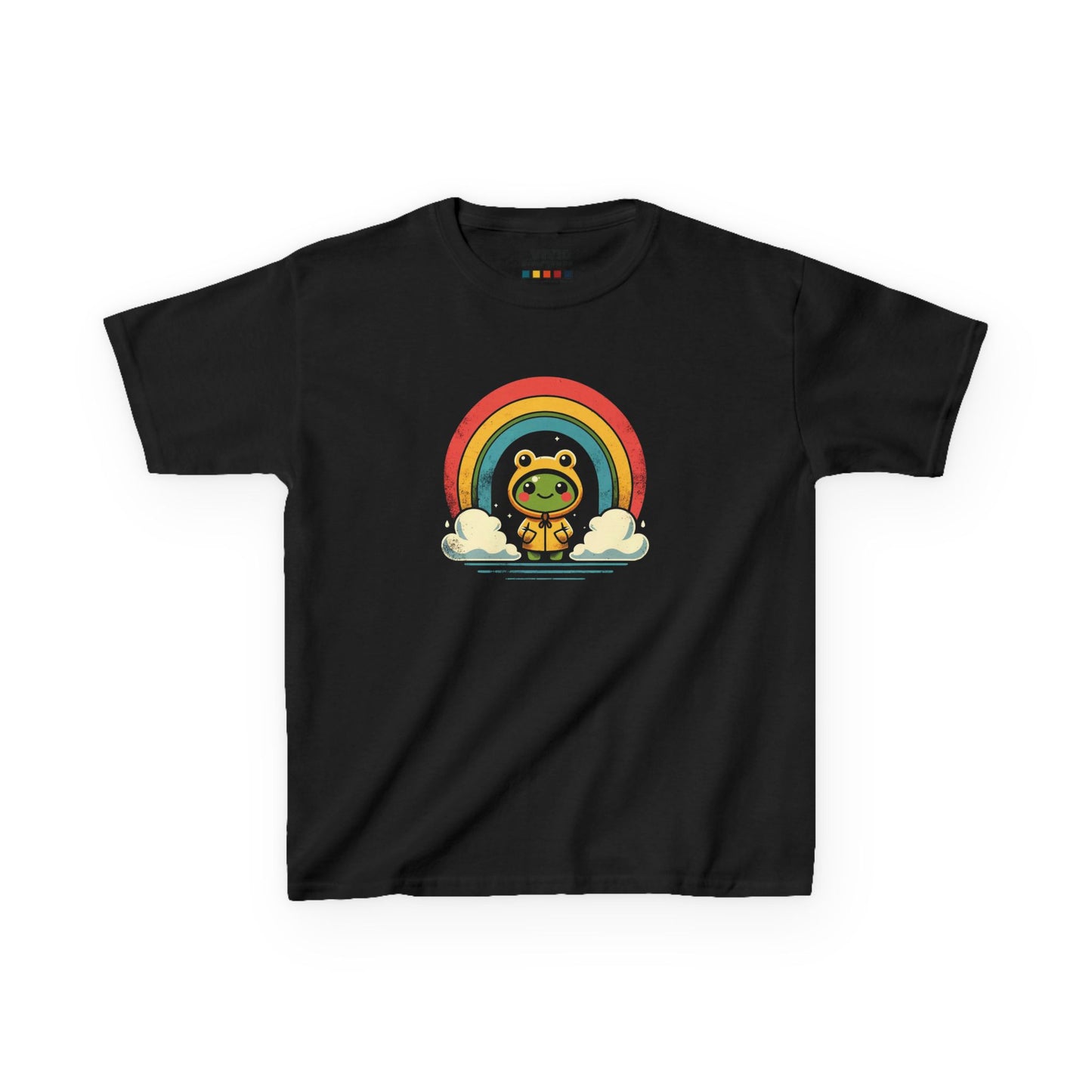 Front view of a black "Frog Under Rainbow" kids T-shirt featuring a cute frog sitting under a colorful rainbow. Part of the Vivid Divergence Sensory Friendly Kids Shirts Range. The perfect T-shirt for sensory-sensitive kids and comes with a Sensory Satisfaction Promise.