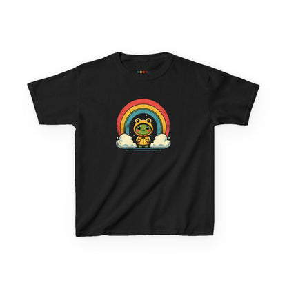 Front view of a black "Frog Under Rainbow" kids T-shirt featuring a cute frog sitting under a colorful rainbow. Part of the Vivid Divergence Sensory Friendly Kids Shirts Range. The perfect T-shirt for sensory-sensitive kids and comes with a Sensory Satisfaction Promise.