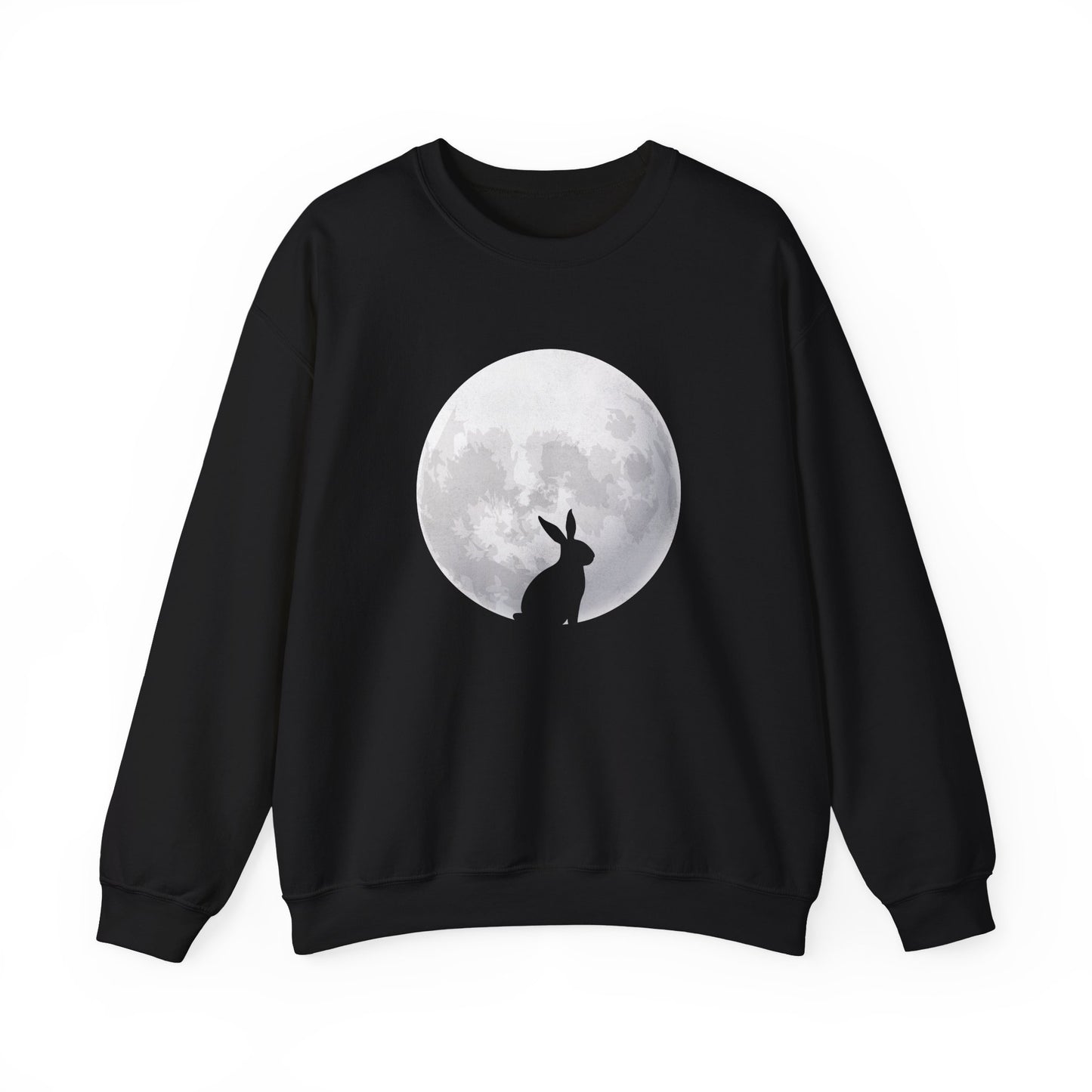  Front view of black sweater jumper with silhouetted Easter bunny against full moon. Part of the Vivid Divergence Sensory Friendly Unisex Sweater Jumper Range.
