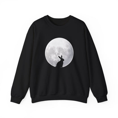  Front view of black sweater jumper with silhouetted Easter bunny against full moon. Part of the Vivid Divergence Sensory Friendly Unisex Sweater Jumper Range.
