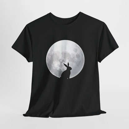 Black T-shirt hanging, featuring a minimalist silhouette of a rabbit against a glowing full moon, perfect for lovers of folklore and moon magic. Hop into the season in style and shop Easter shirts online today!