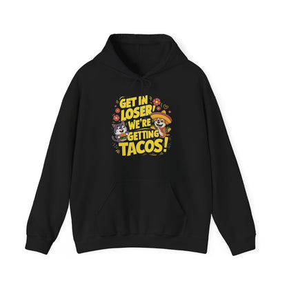 Front view of a black hoodie featuring colorful cartoon animals and the text "Get in Loser, We're Getting Tacos!" in bold yellow letters. Part of the Vivid Divergence Sensory Friendly Unisex Hoodie Range.
