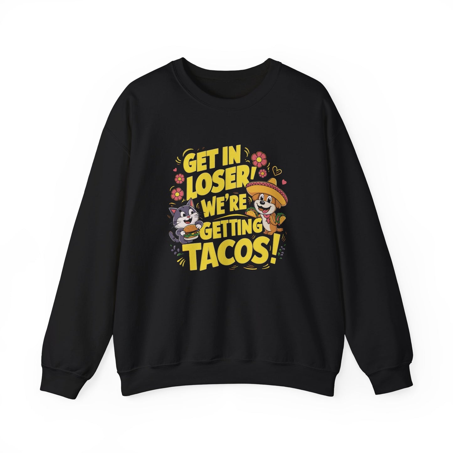 Front view of a black sweatshirt featuring colorful cartoon animals and the text "Get in Loser, We're Getting Tacos!" in bold yellow letters. Part of the Vivid Divergence Sensory Friendly Unisex Sweater Jumper Range.