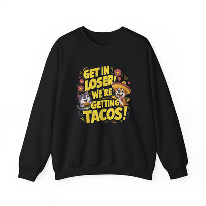 Front view of a black sweatshirt featuring colorful cartoon animals and the text "Get in Loser, We're Getting Tacos!" in bold yellow letters. Part of the Vivid Divergence Sensory Friendly Unisex Sweater Jumper Range.