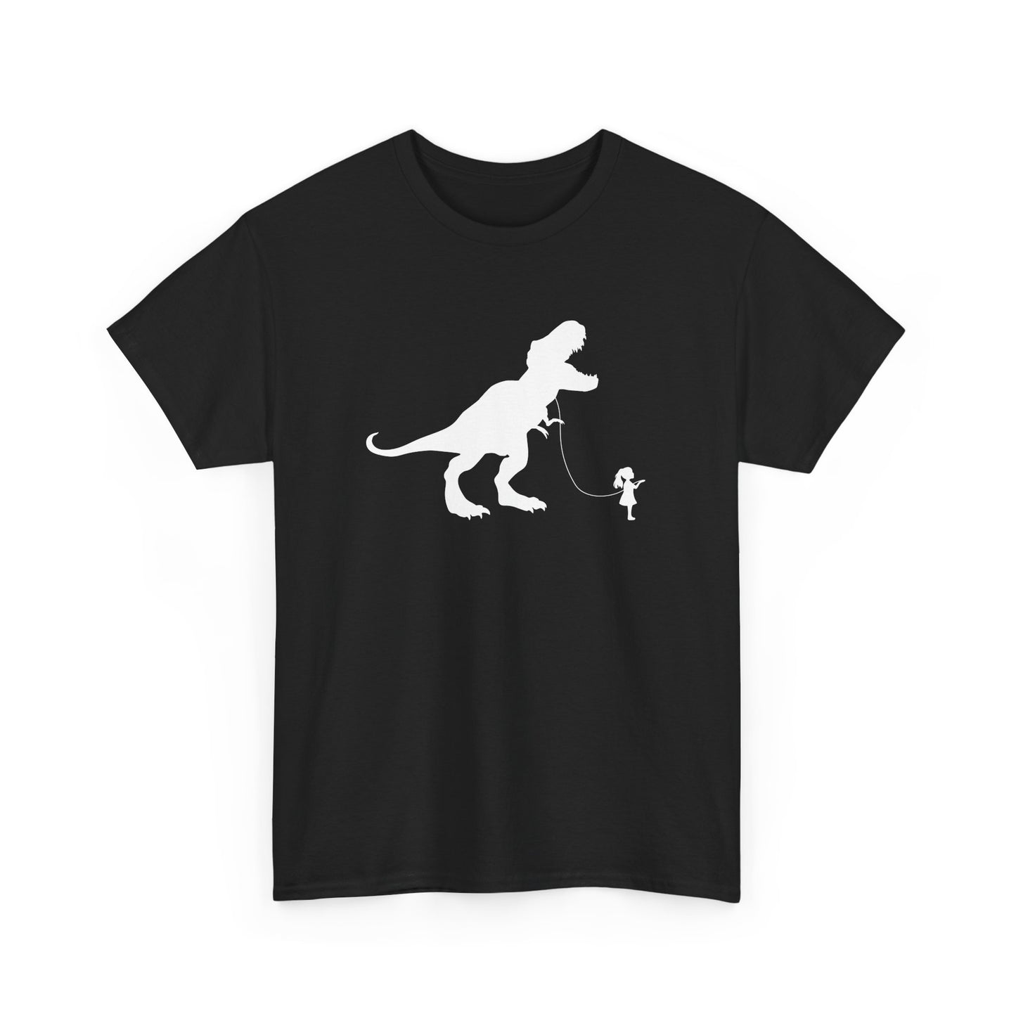 Front view of a black T-shirt featuring a white silhouette of a girl walking a T-Rex on a leash. Part of the Vivid Divergence Sensory Friendly Unisex Tees Range.