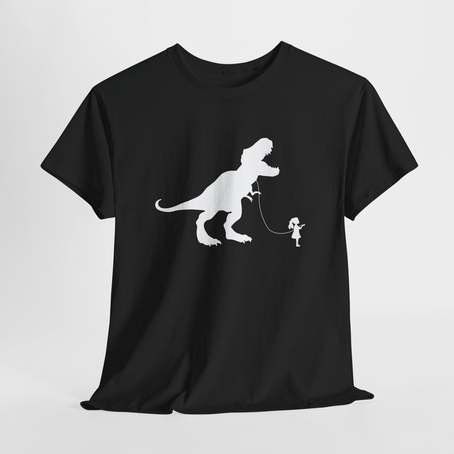 Hanging black T-shirt featuring a white silhouette of a girl walking a T-Rex on a leash. Part of the Vivid Divergence Sensory Friendly Unisex Tees Range.