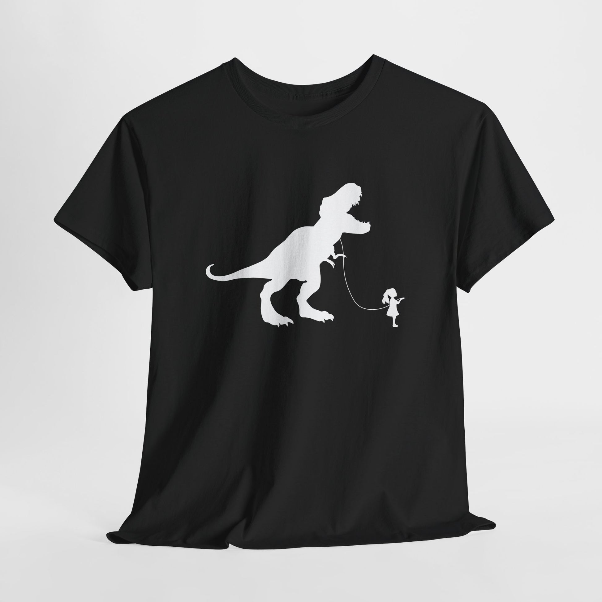 Hanging black T-shirt featuring a white silhouette of a girl walking a T-Rex on a leash. Part of the Vivid Divergence Sensory Friendly Unisex Tees Range.