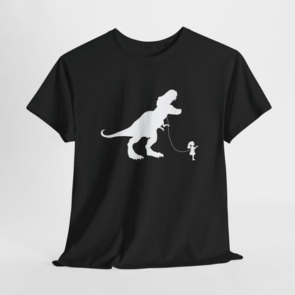 Hanging black T-shirt featuring a white silhouette of a girl walking a T-Rex on a leash. Part of the Vivid Divergence Sensory Friendly Unisex Tees Range.